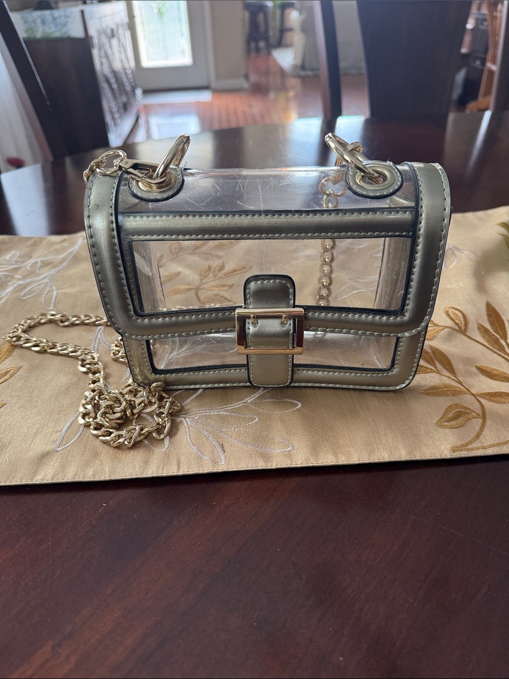 Transparent Gold-Trim Crossbody Bag with Chain Strap